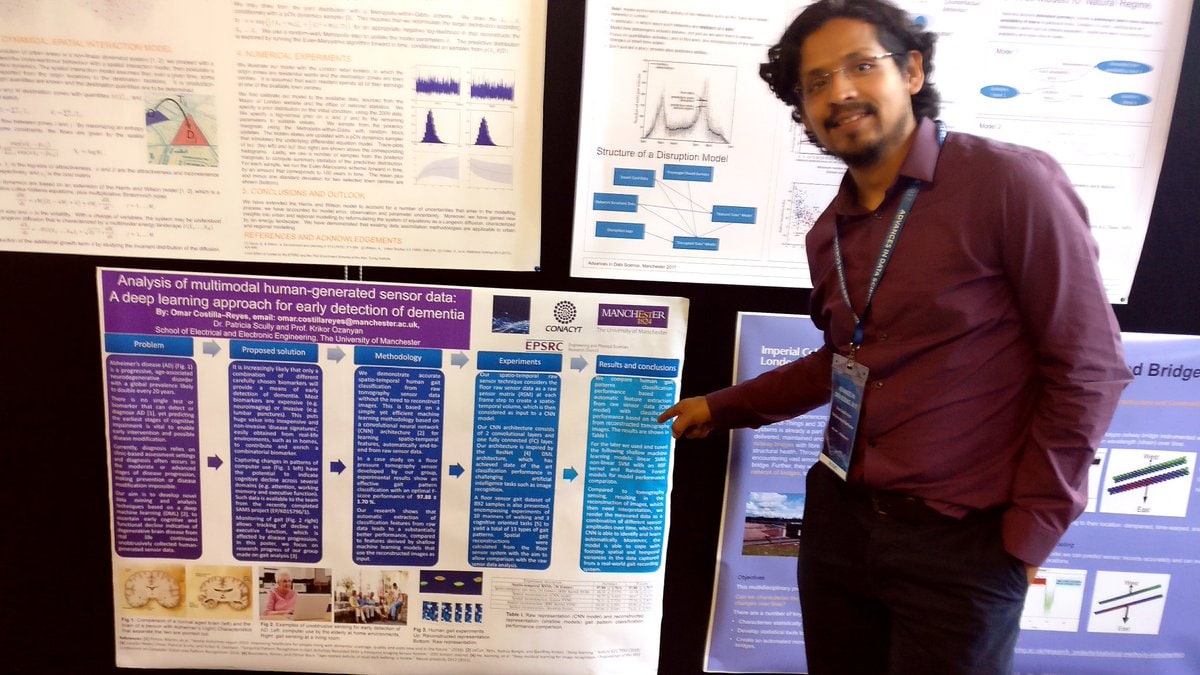 A presenter points to a printed poster titled Analysis of multimodal human-generated sensor data: A deep learning approach for early detection of dementia.