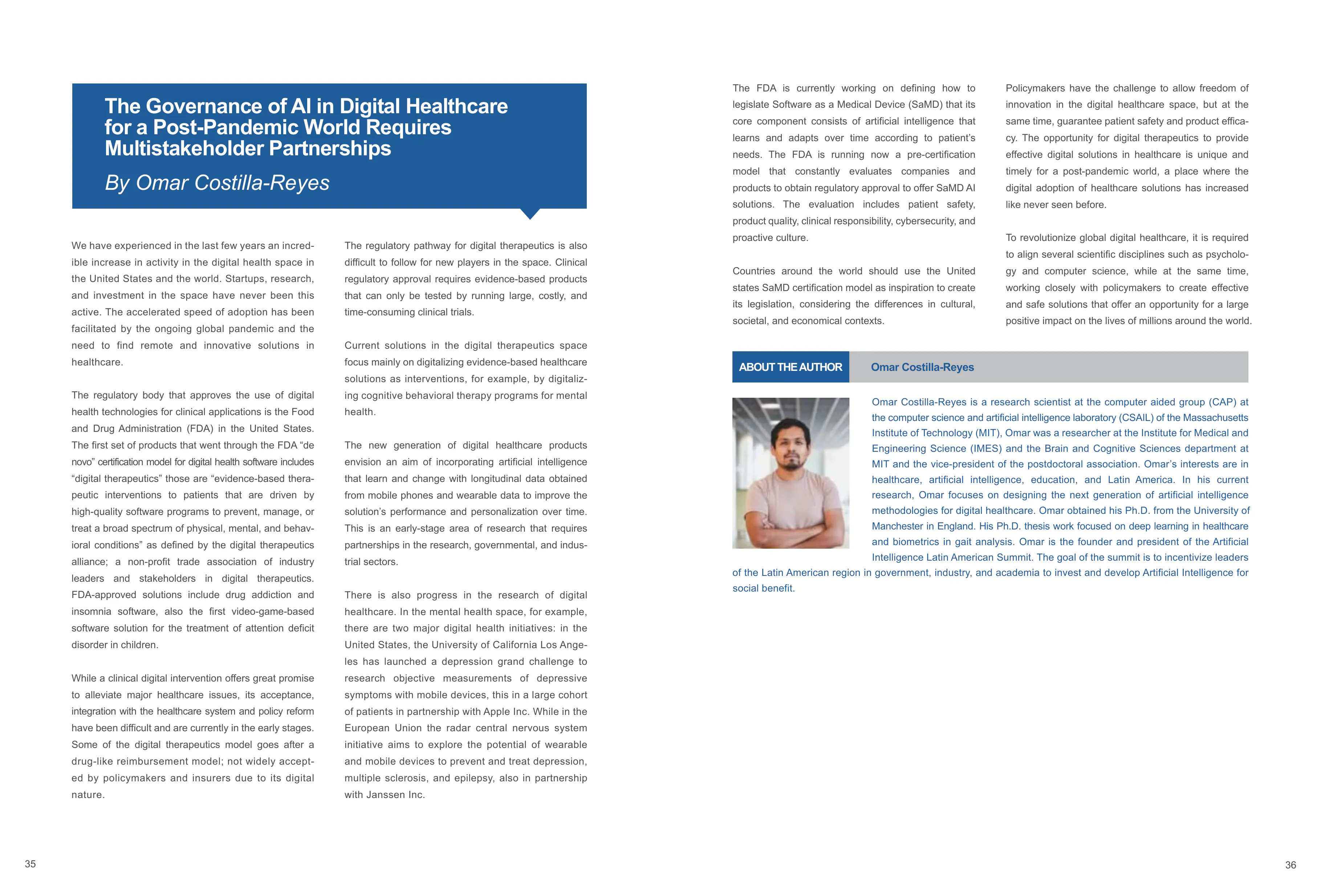 Opening spread of Dr. Omar Costilla Reyes’s chapter, including its title, printed pages 35 and 36, and author profile.