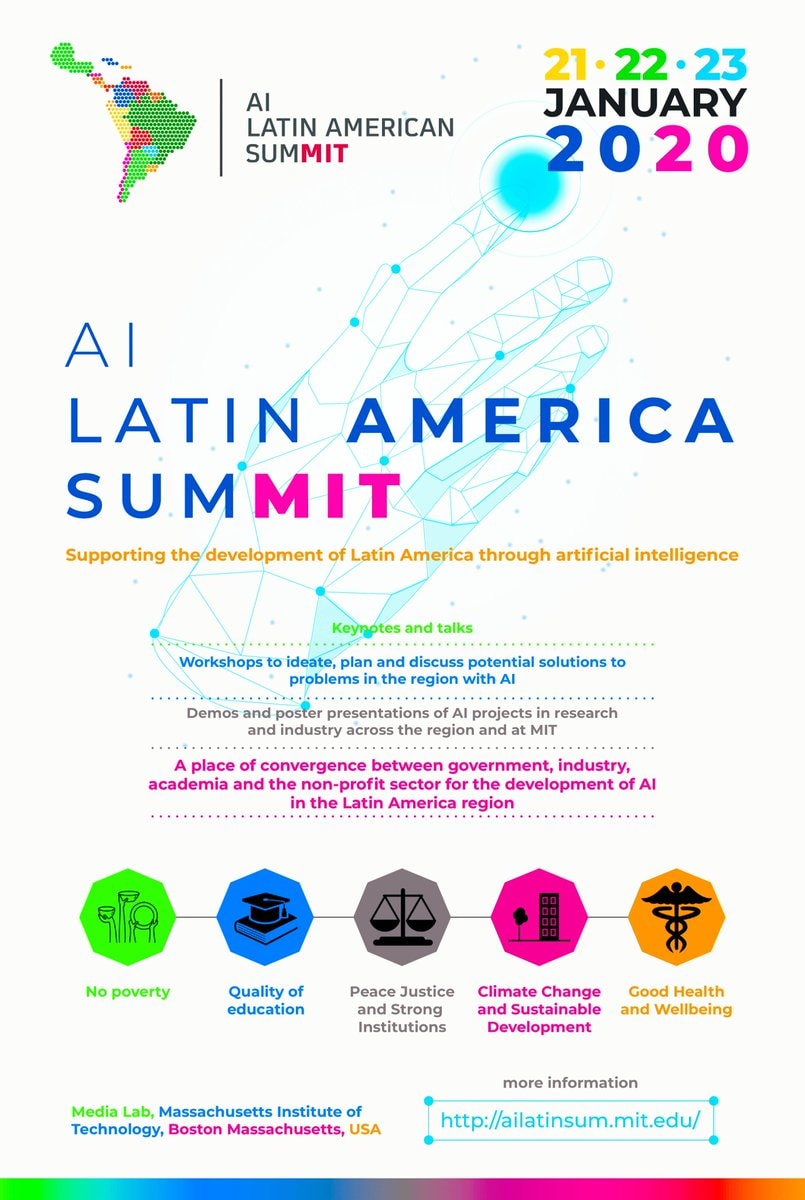Summit poster listing keynotes, workshops, demos and posters, development-goal icons, and the website ailatinsum.mit.edu.