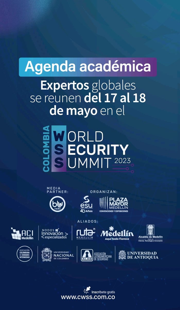 Poster headed “Agenda académica” announcing the Colombia World Security Summit 2023 in Medellín, May 17 to 18, with organizer and partner logos.