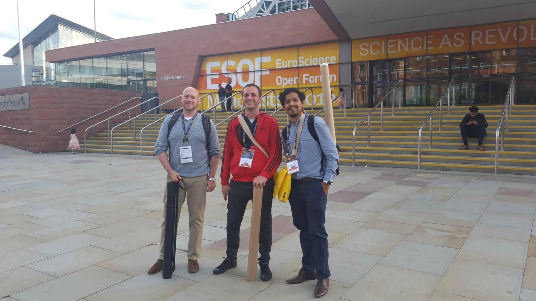 Dr. Omar Costilla Reyes with two fellow attendees outside the ESOF 2016 venue in Manchester.