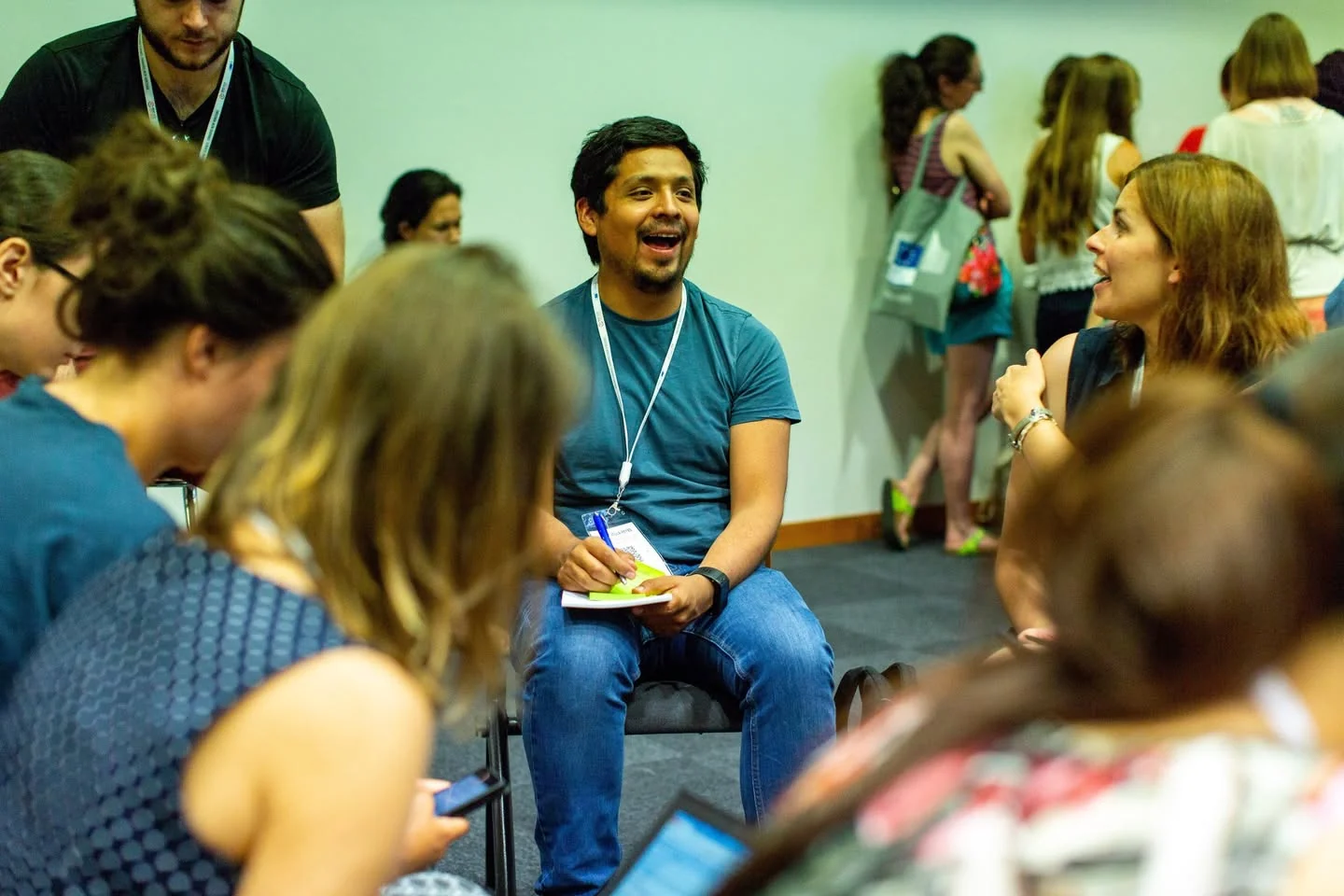 Dr. Omar Costilla Reyes speaking with attendees during a break at ESOF 2018 in Toulouse, France.