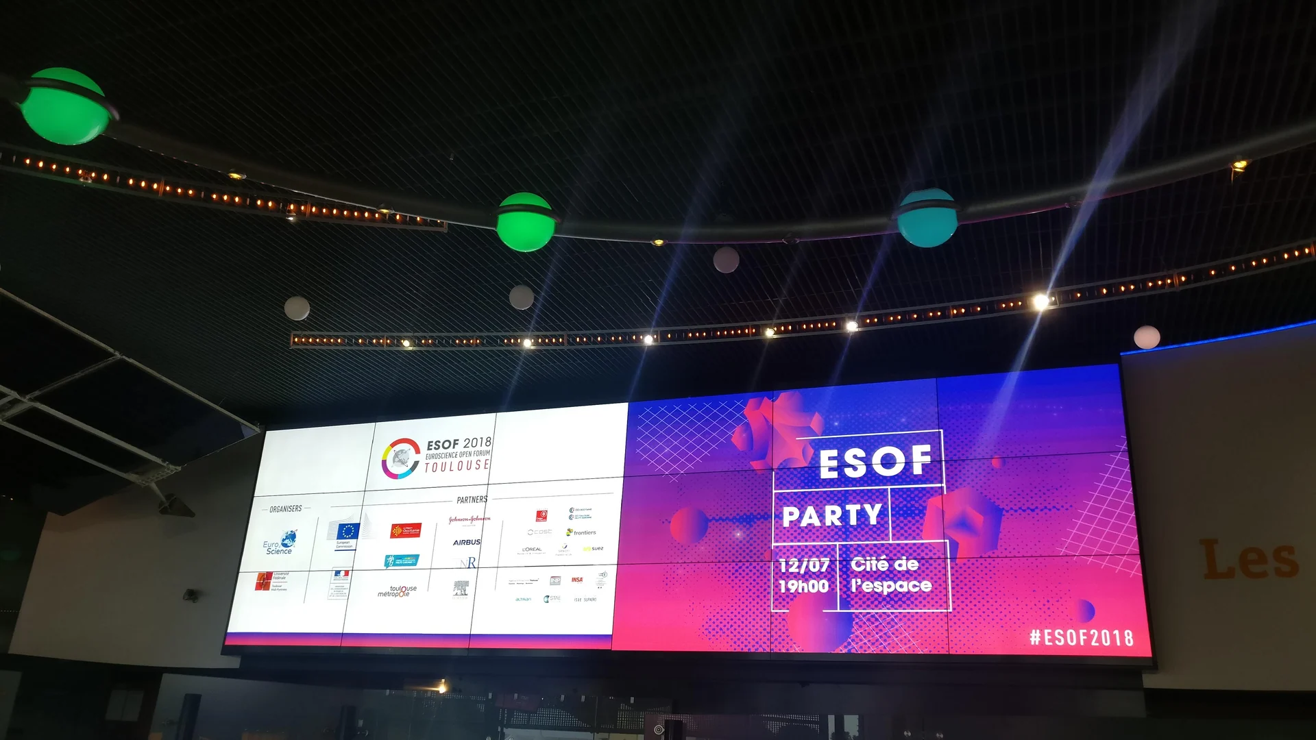 Large ESOF 2018 party display at Cité de l’espace in Toulouse, France, showing the event date of July 12.