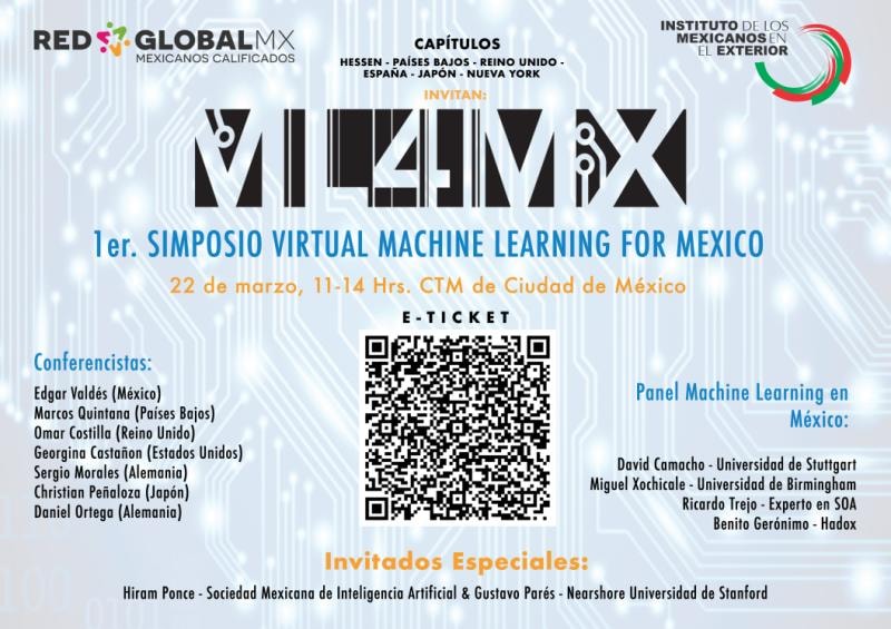Flyer for the first ML4MX virtual symposium on 22 de marzo, with a QR e-ticket and lists of speakers and panelists.