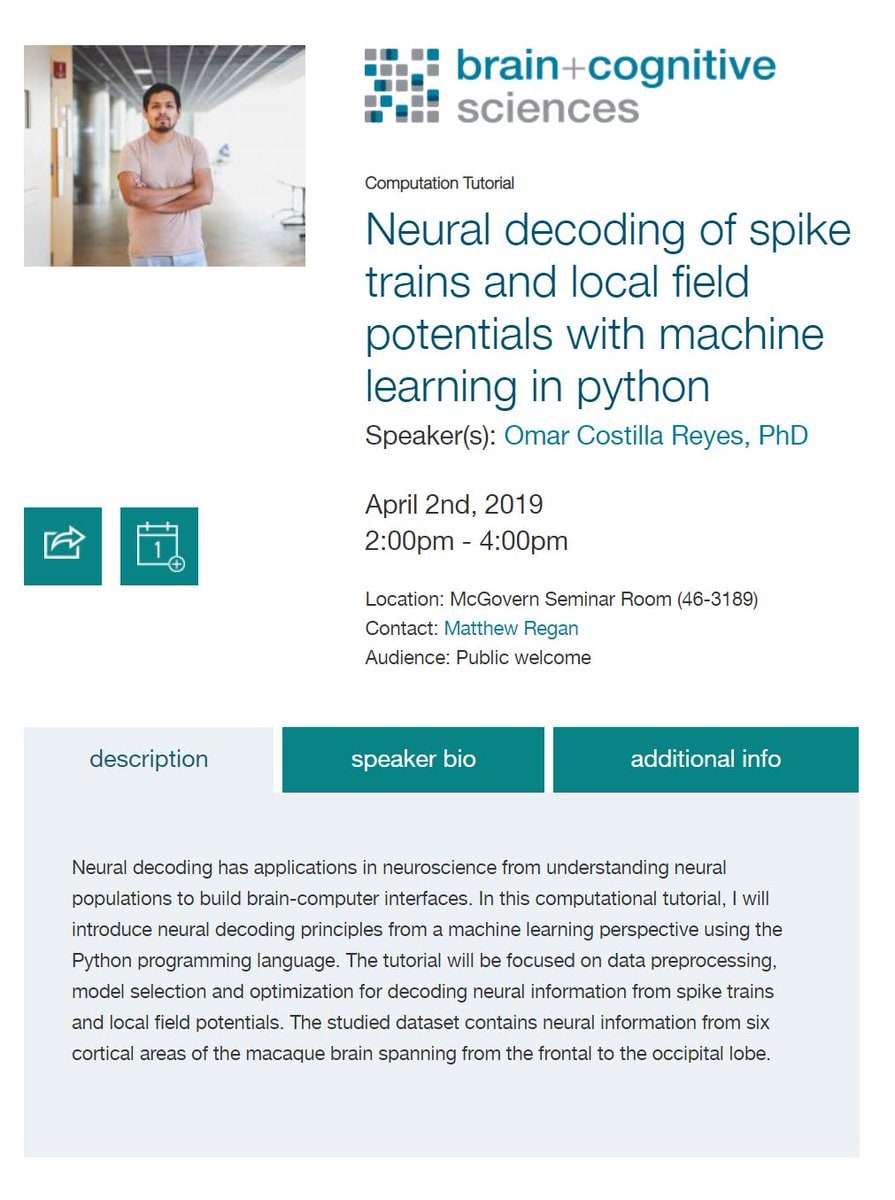 MIT Brain and Cognitive Sciences event listing for the neural-decoding computation tutorial of April 2019, with a portrait of the speaker and the tutorial description.