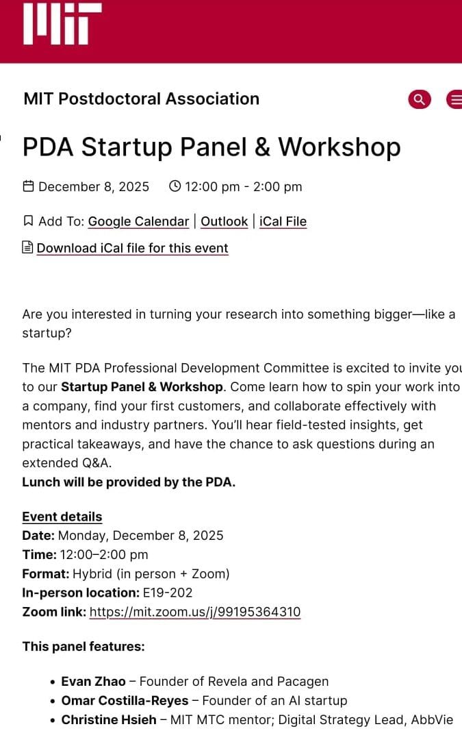 Screenshot of the MIT Postdoctoral Association event page for the PDA Startup Panel & Workshop: December 8, 2025, with the panelists listed.