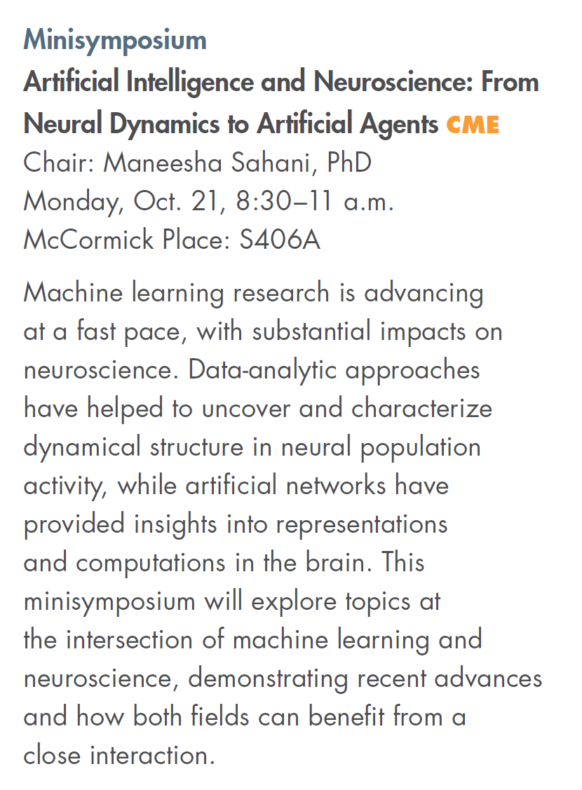 Announcement poster for the SfN 2019 minisymposium Artificial Intelligence and Neuroscience: From Neural Dynamics to Artificial Agents.
