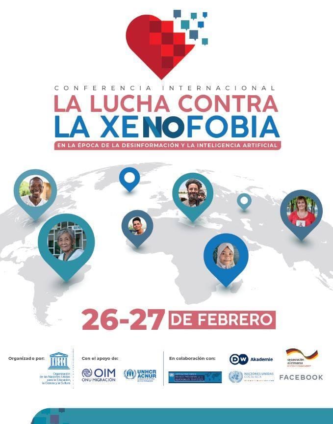 Spanish-language poster for the conference La lucha contra la xenofobia, 26–27 de febrero, with a pixel heart, a world map of portraits, and UNESCO, OIM, and ACNUR logos.