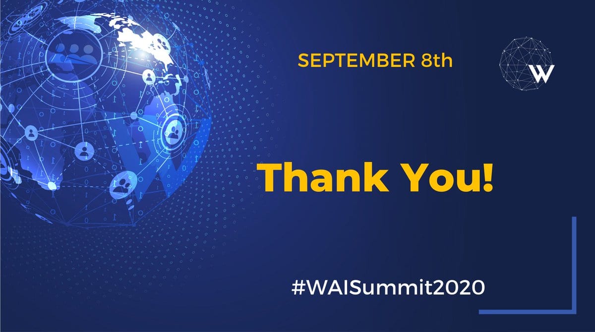 Blue event graphic reading September 8th, Thank You!, and #WAISummit2020 beside a stylized globe and the Women in AI logo.