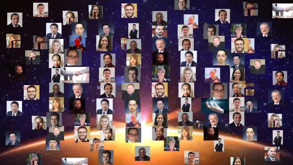 A video-conference mosaic of speaker portraits over a starry background.