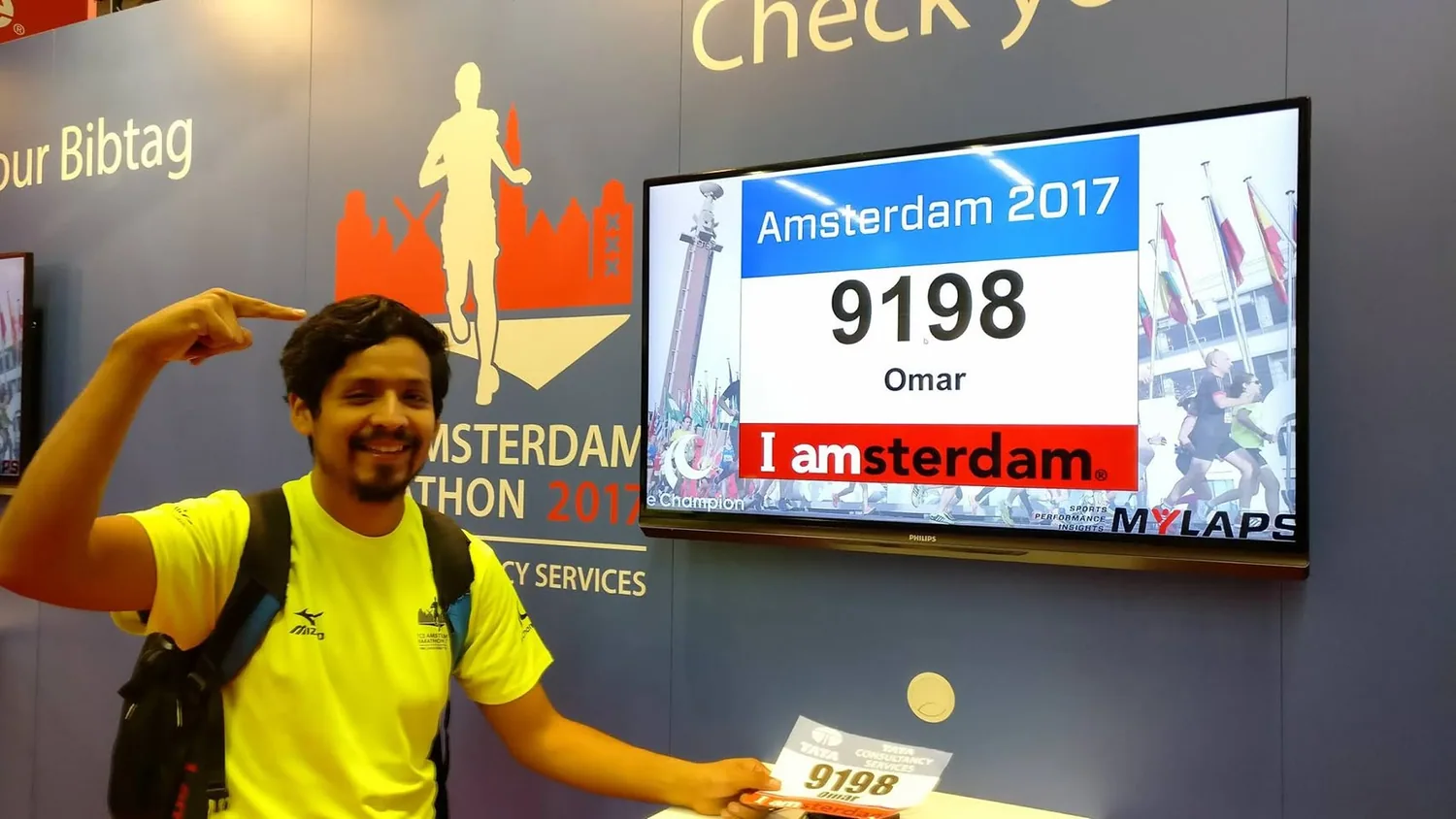 Race bib prepared for the Amsterdam Marathon in 2017.