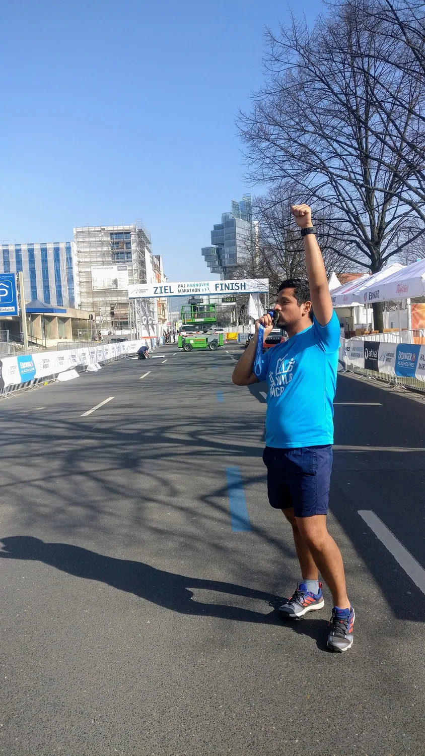 Finishing the Hannover Marathon in Germany in 2018.
