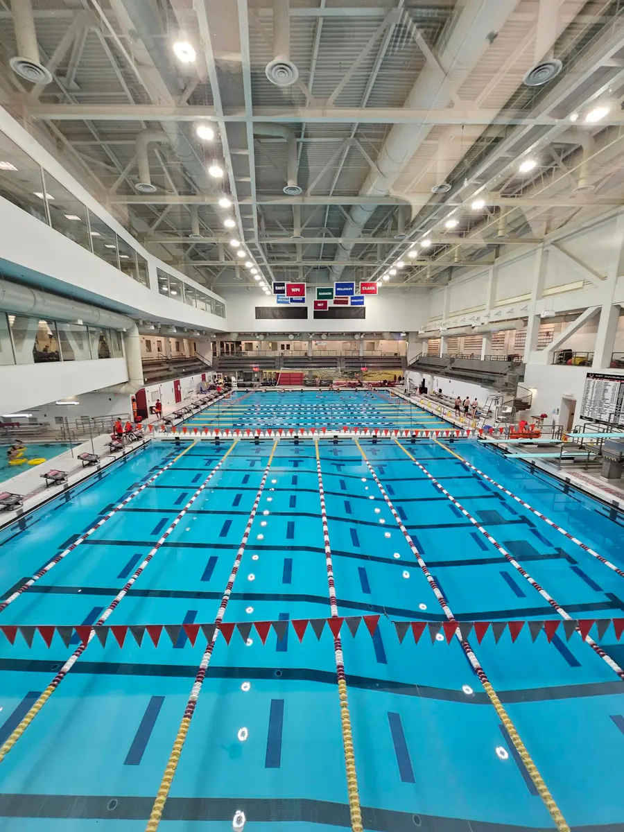 The lap pool at the MIT Recreation Center, with swim lanes stretching across the water.