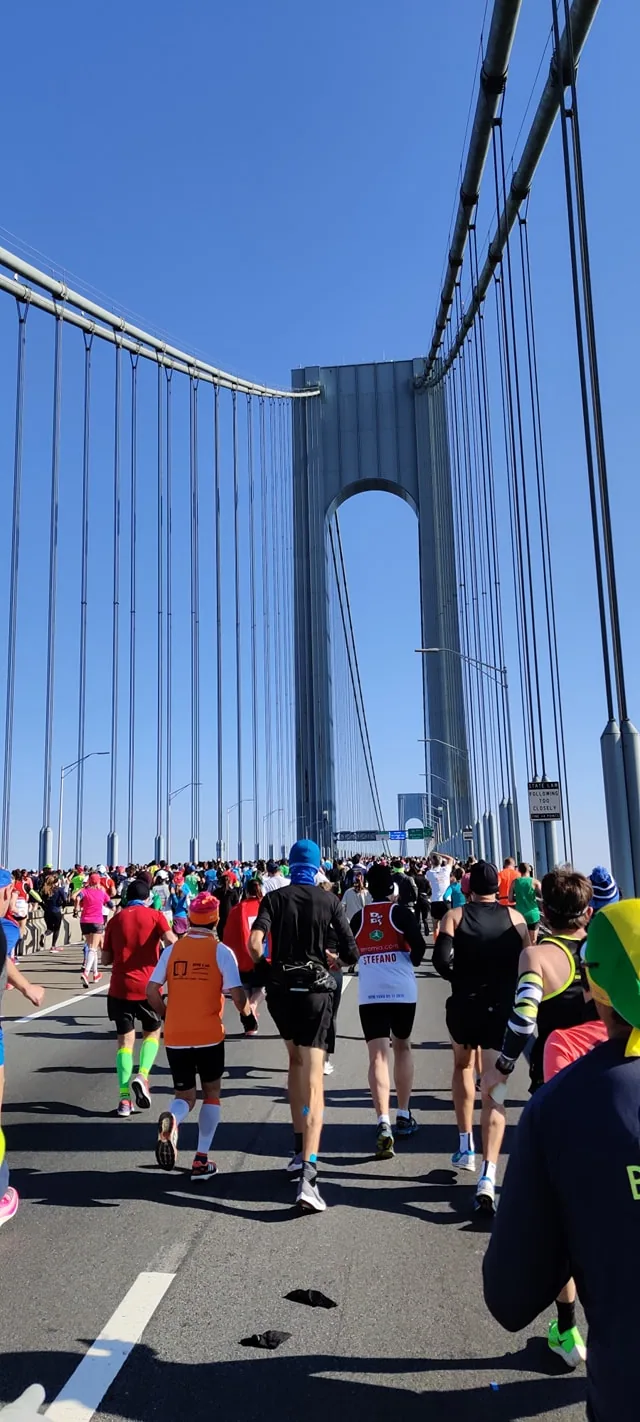 Running across a bridge during the New York City Marathon in 2019.